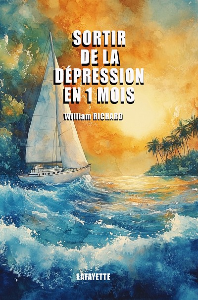 Couverture du livre, un bateau sort d'une tempête en mer et se dirige vers une île paradisiaque
